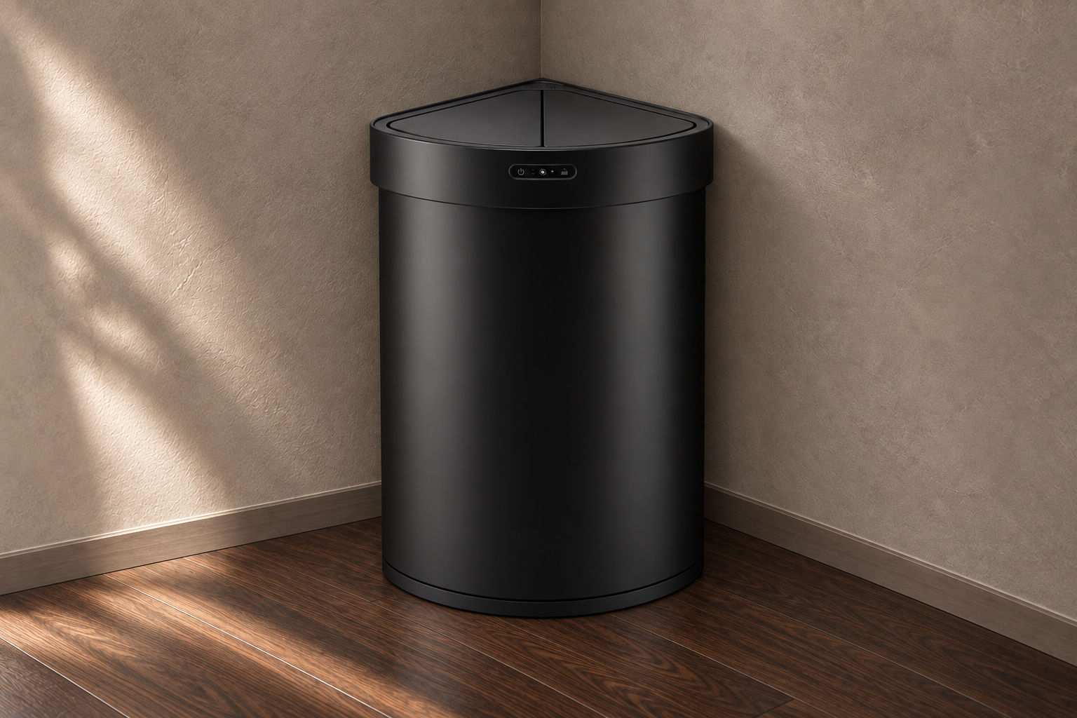 部屋の角に沿って置いた黒のKADOBINの全体像。使用イメージ